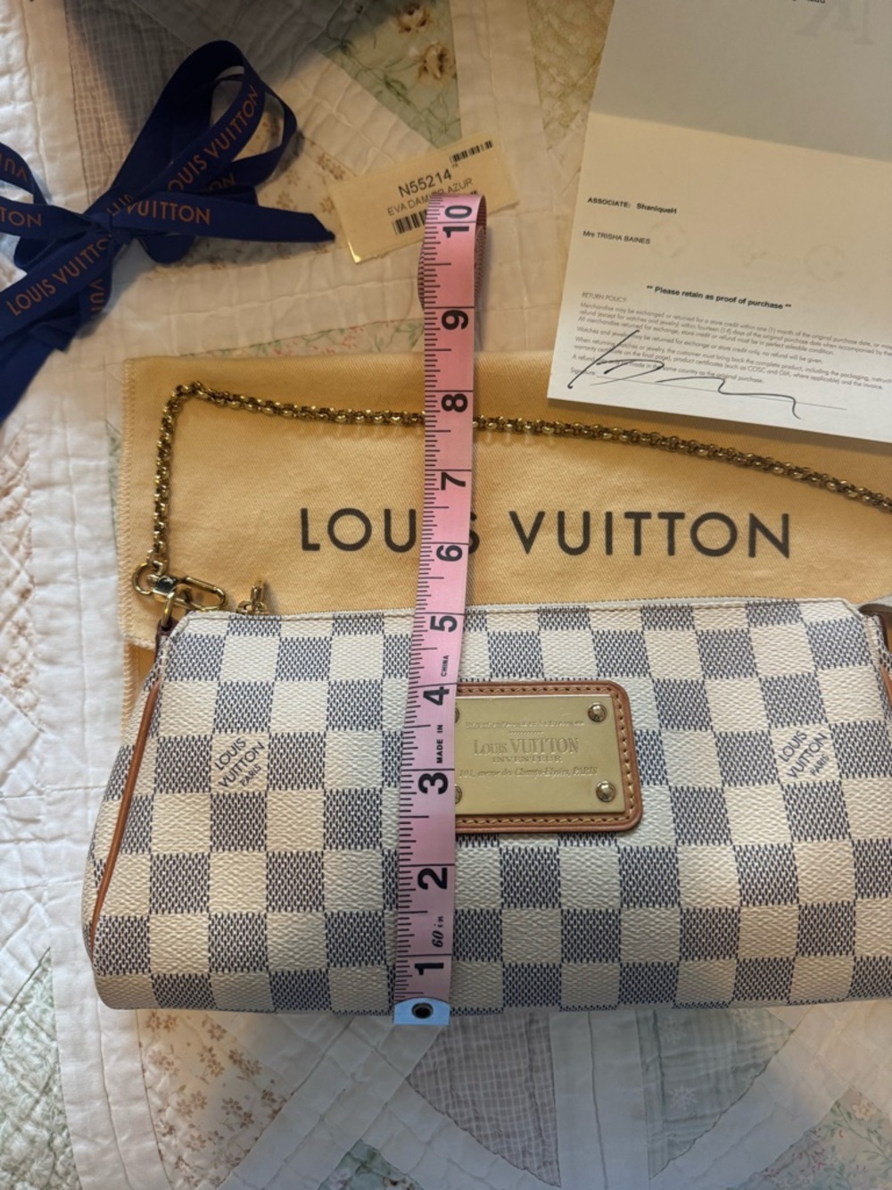 Discontinued Louis Vuitton Damier Azur Eva Gold Accents Dustbag Gift Box/Receipt - Picture 5 of 16